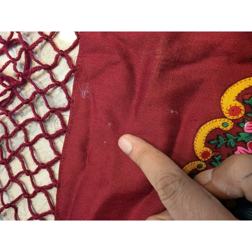Vintage 100% Wool Floral Piano Shawl Burgundy Macrame Fringe Japan Fortune Telle